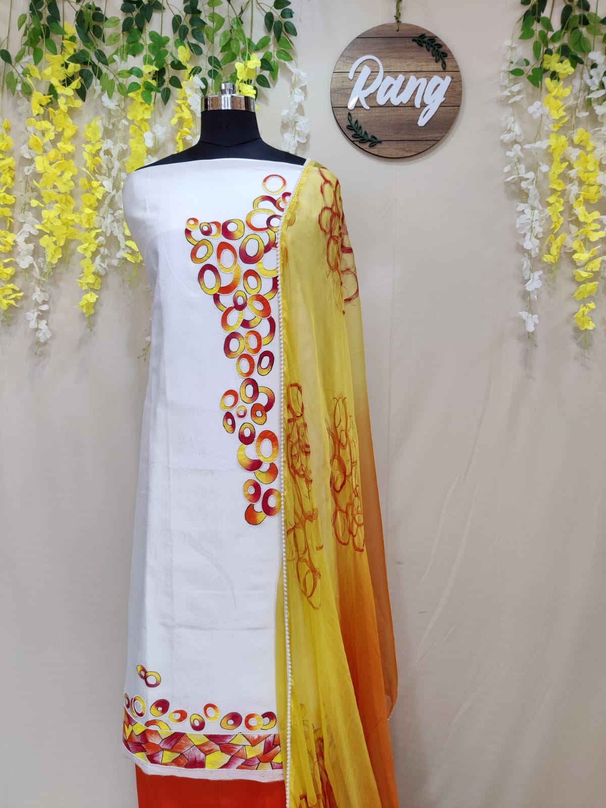 White Chanderi Handpainted Suit