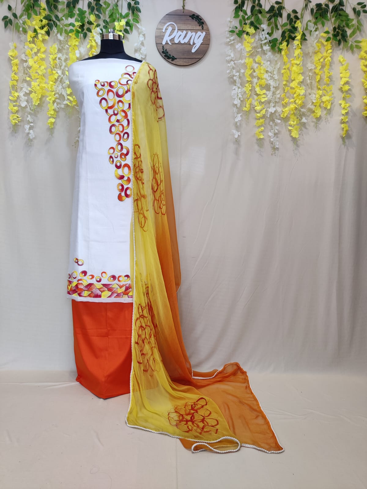 White Chanderi Handpainted Suit