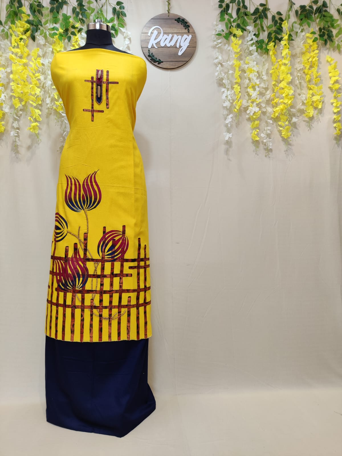 Deep Yellow Self Textured Cotton Handpainted Suit