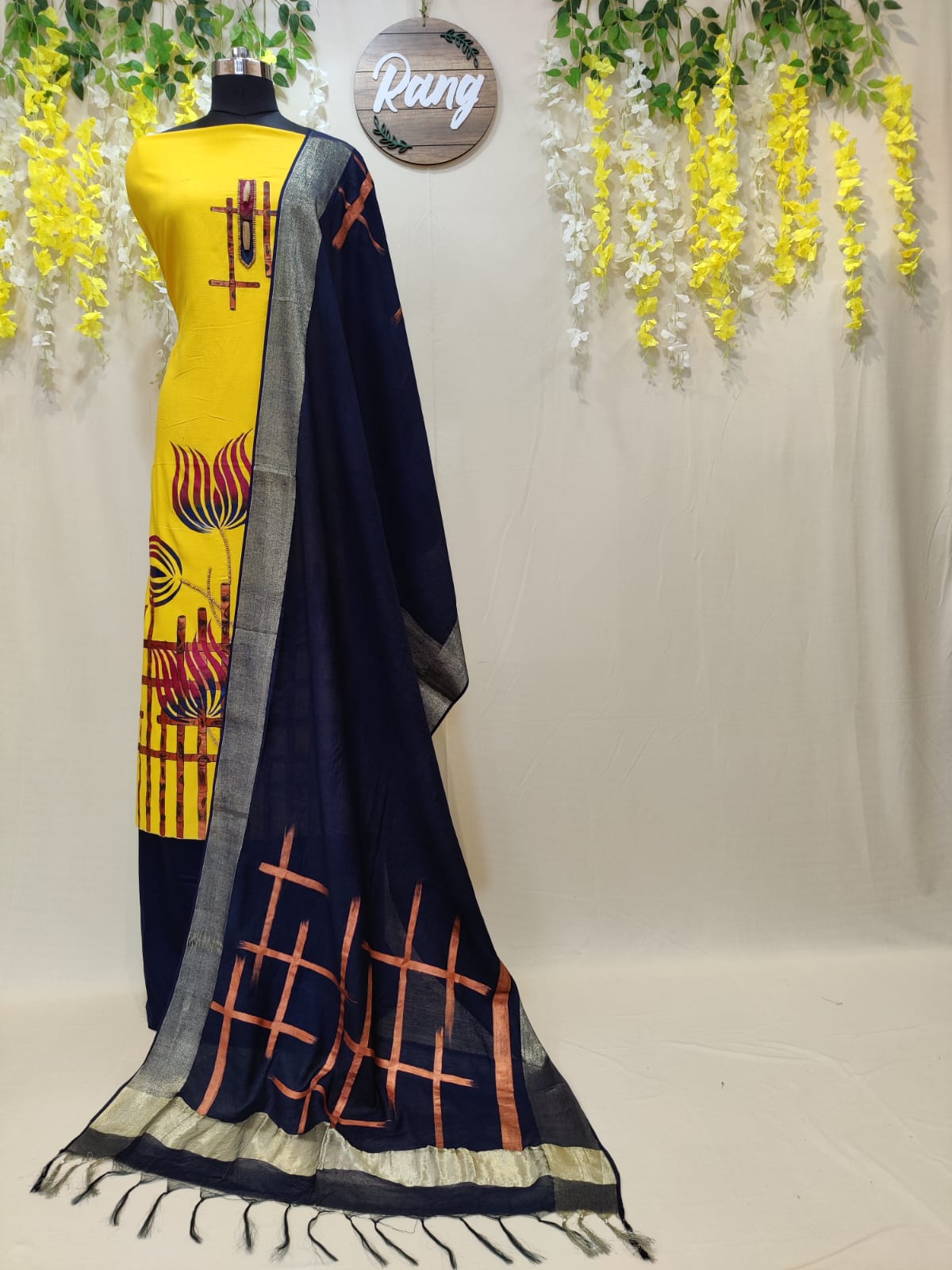 Deep Yellow Self Textured Cotton Handpainted Suit