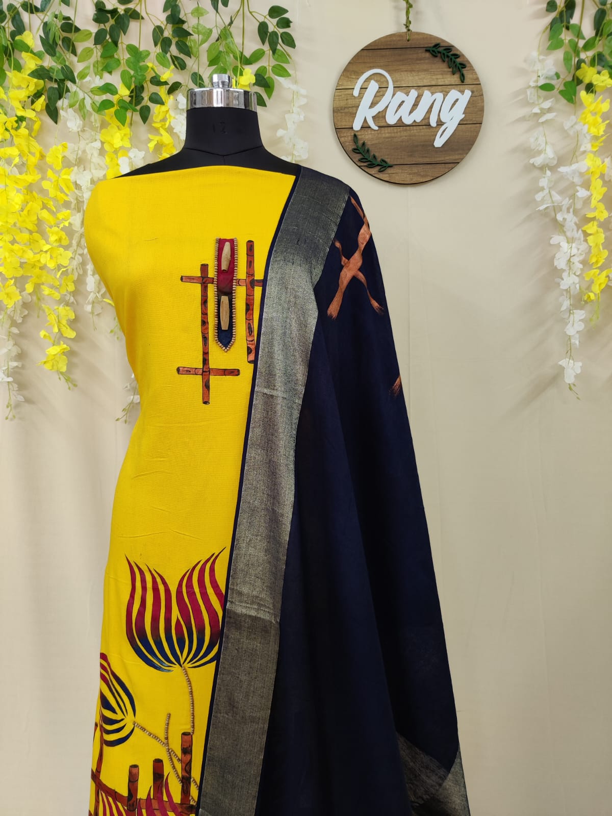 Deep Yellow Self Textured Cotton Handpainted Suit