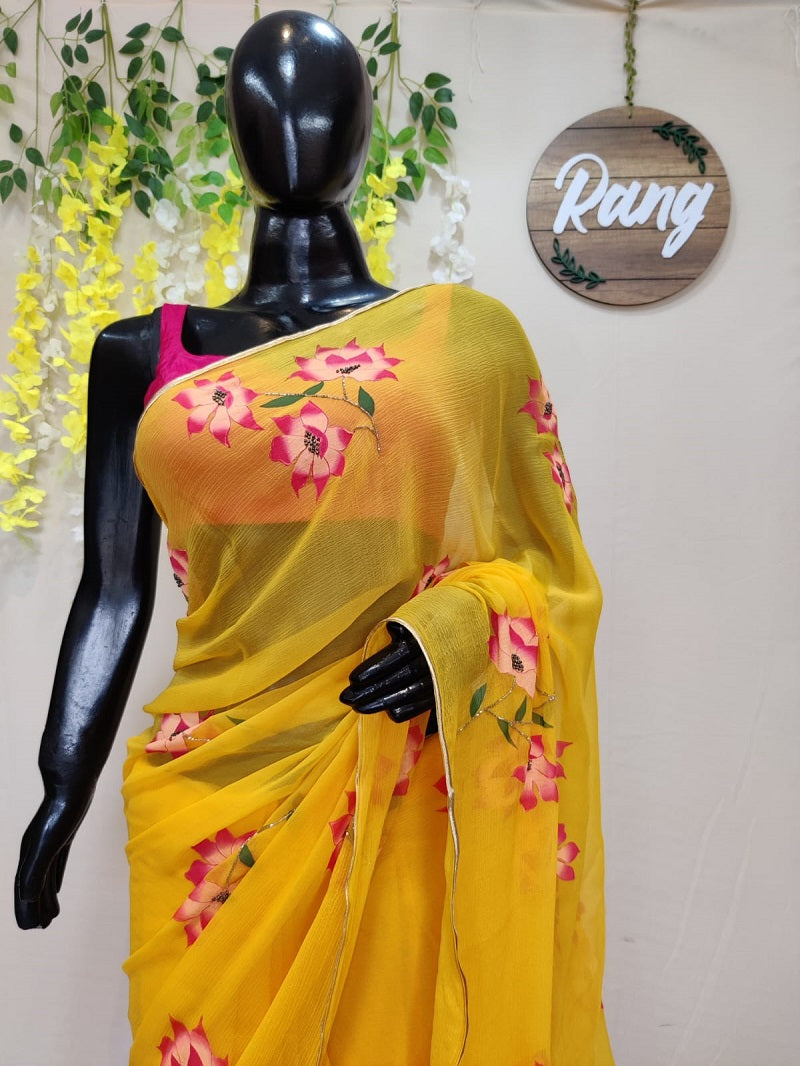 Hand-Painted Yellow Chiffon Saree