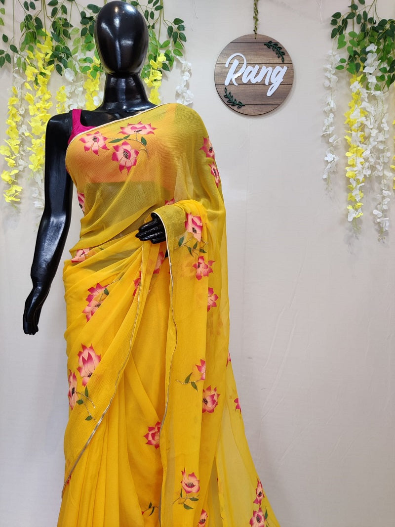 Hand-Painted Yellow Chiffon Saree