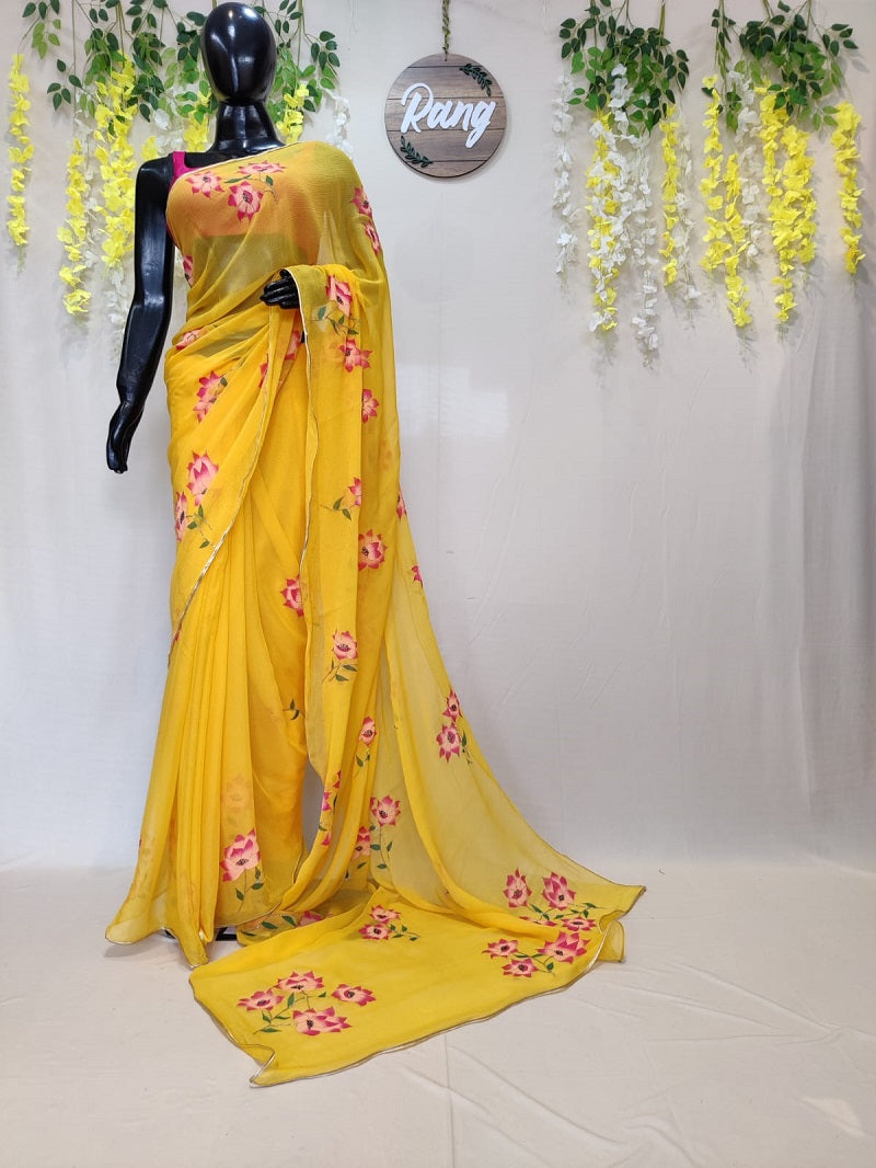 Hand-Painted Yellow Chiffon Saree