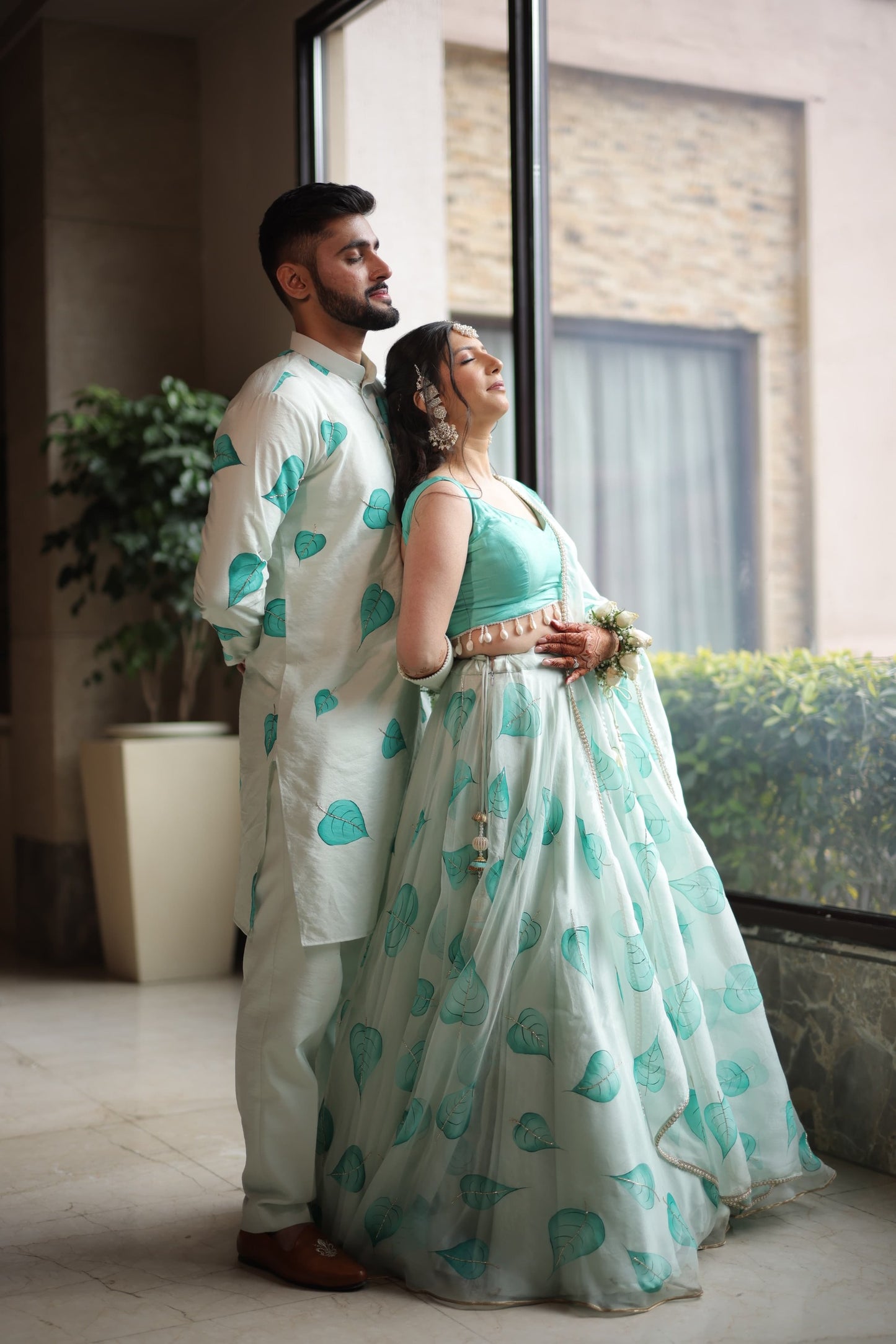 Matching Hand-Painted Pastel Green Lehenga and Kurta
