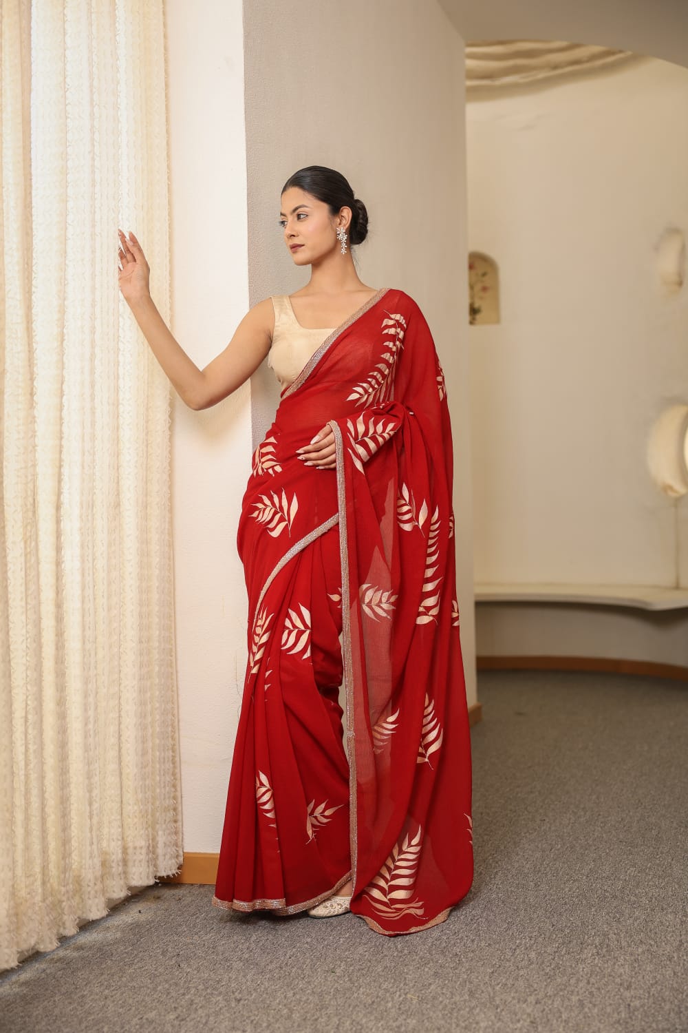 Hand-Painted Red Shimmer Chiffon Saree