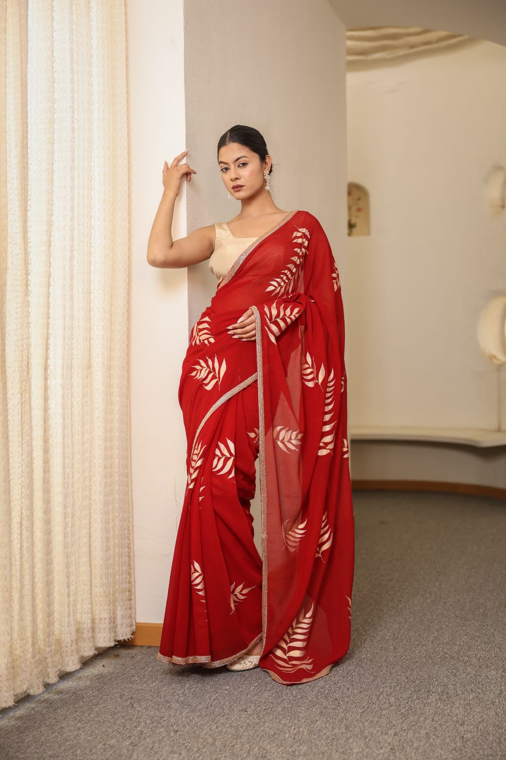 Hand-Painted Red Shimmer Chiffon Saree