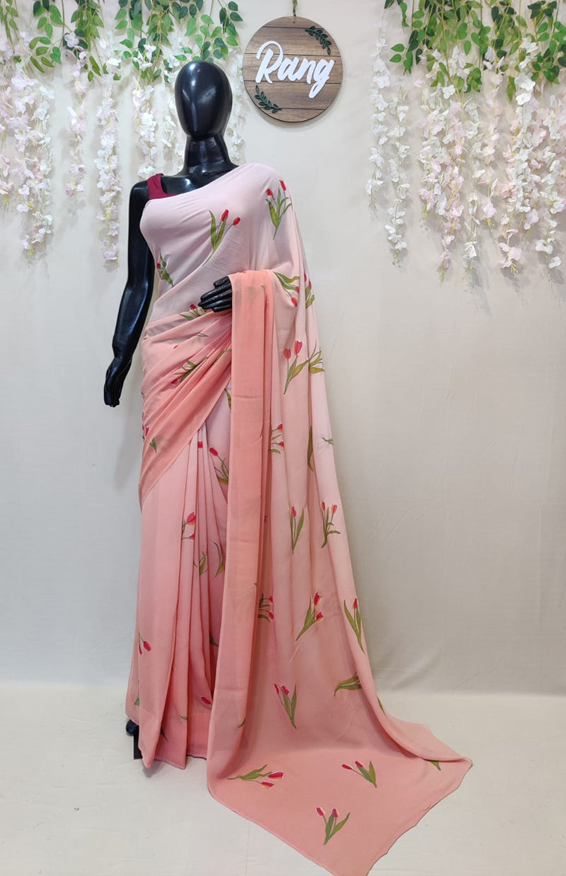 Hand-Painted Ombre Peach Pure Georgette Saree