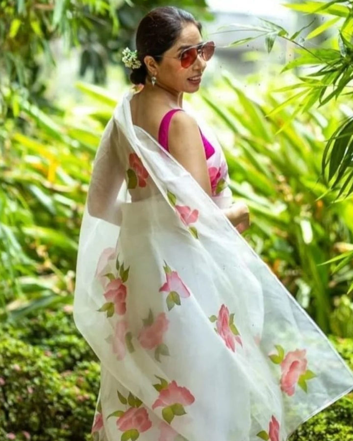 Hand-Painted White Silk Organza Saree