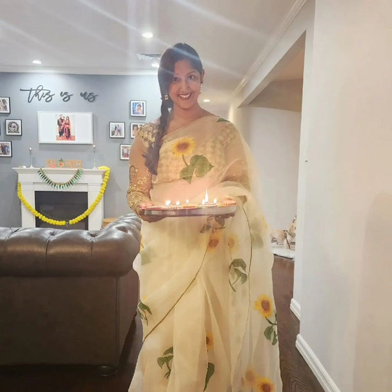 Matching Hand-Painted Sunflower Organza Saree and Lehenga Set for Mom and Daughter