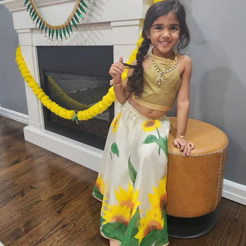 Matching Hand-Painted Sunflower Organza Saree and Lehenga Set for Mom and Daughter