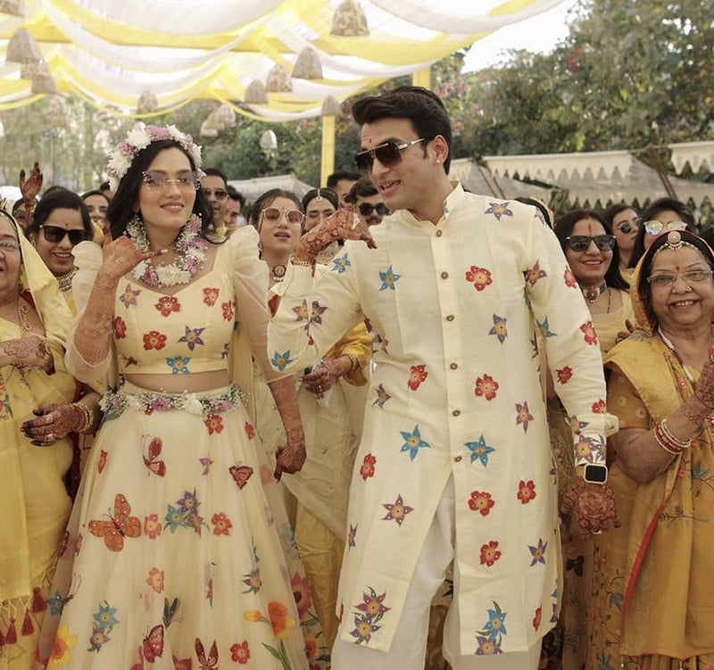 Matching Hand-painted Lehenga set and Handpainted men's kurta
