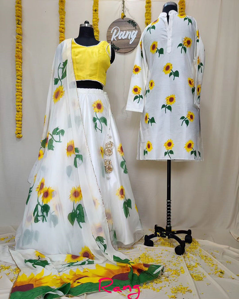 Matching Handpainted Sunflower Lehenga and Kurta Set