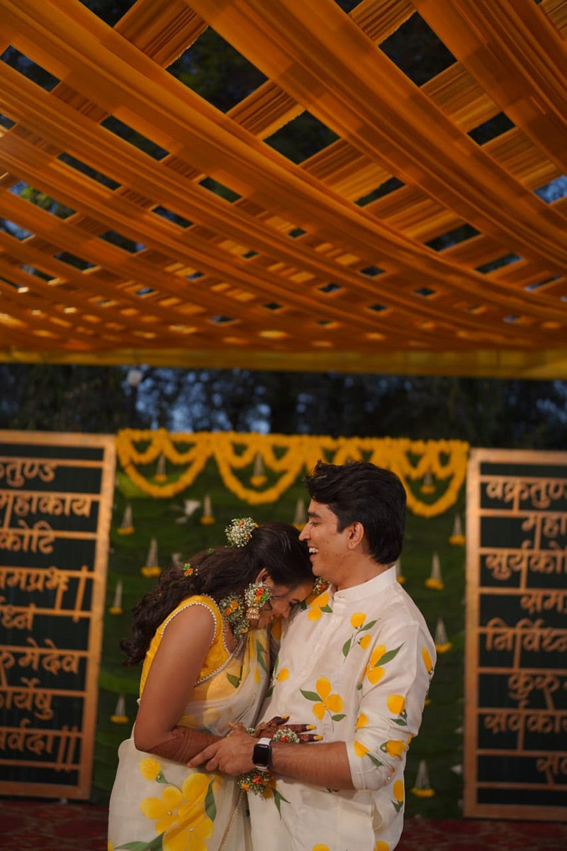 Matching Hand-Painted Silk Organza Floral Saree and Men's Kurta Set