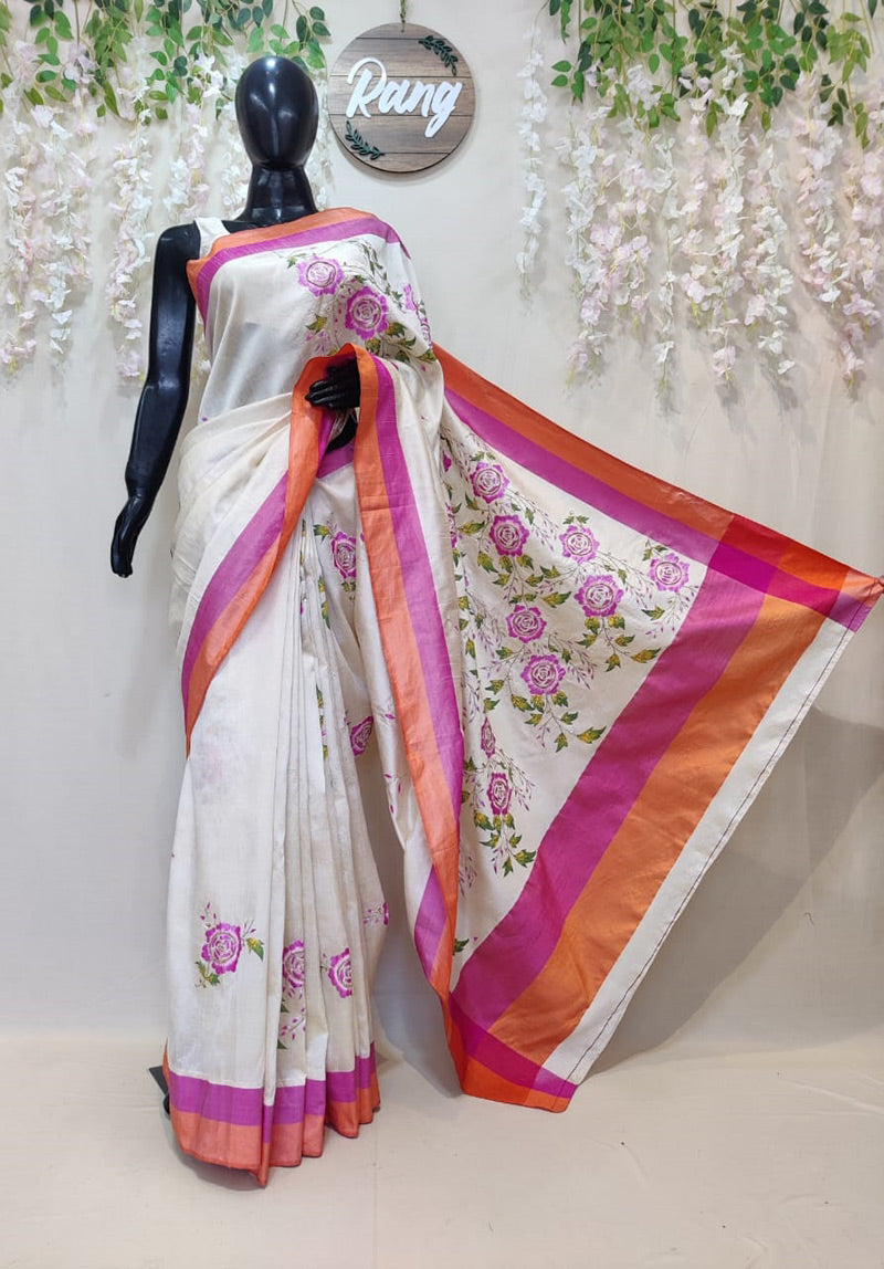 Hand-Painted Ivory Floral Handloom Sambalpuri Silk Saree