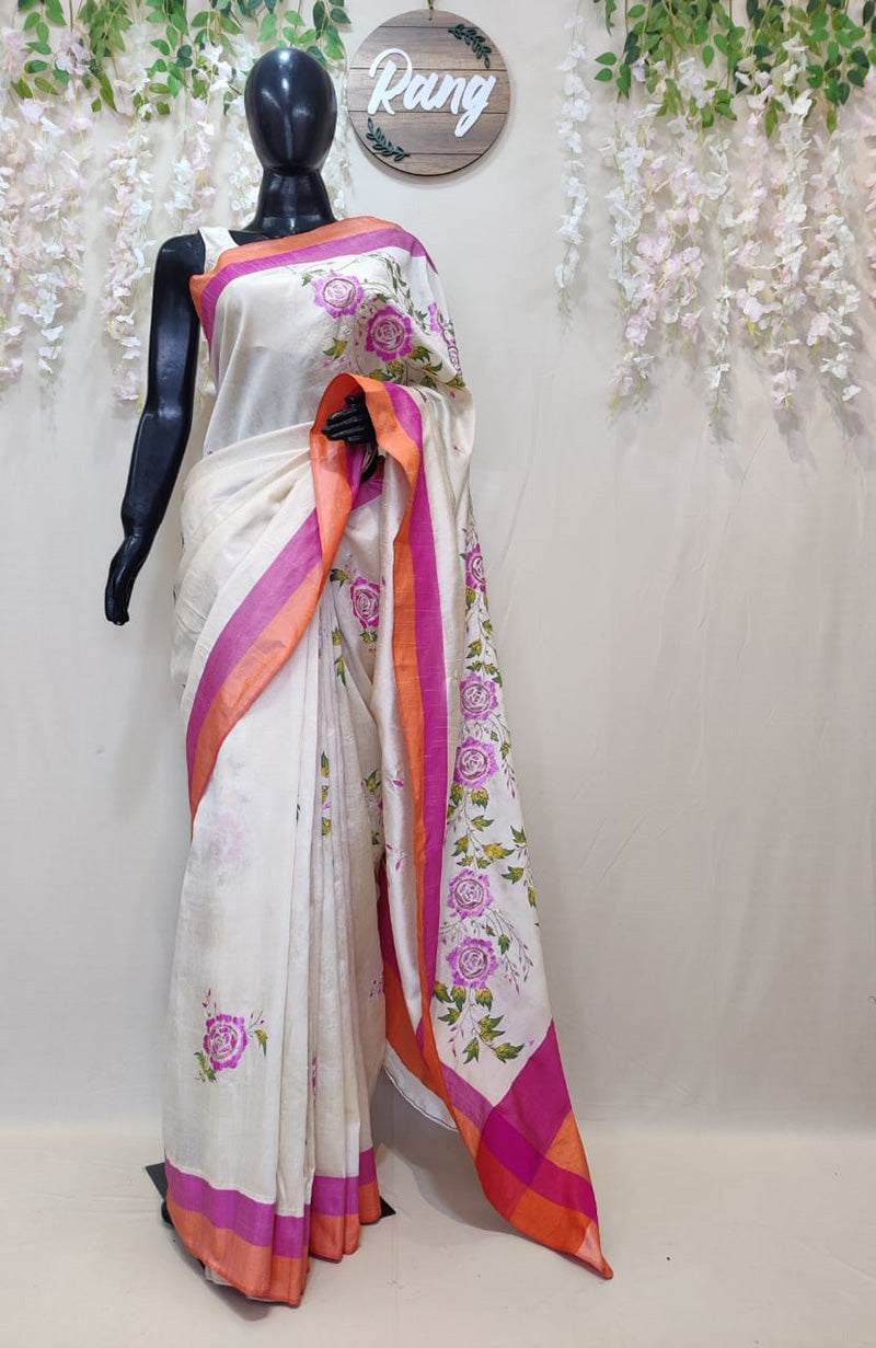 Hand-Painted Ivory Floral Handloom Sambalpuri Silk Saree