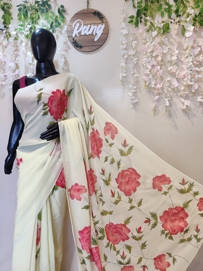 Hand-Painted Lime Green Georgette Saree