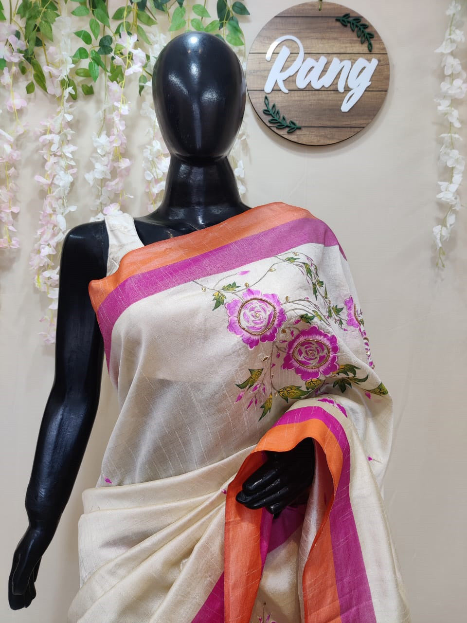 Hand-Painted Ivory Floral Handloom Sambalpuri Silk Saree