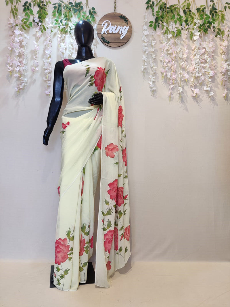 Hand-Painted Lime Green Georgette Saree