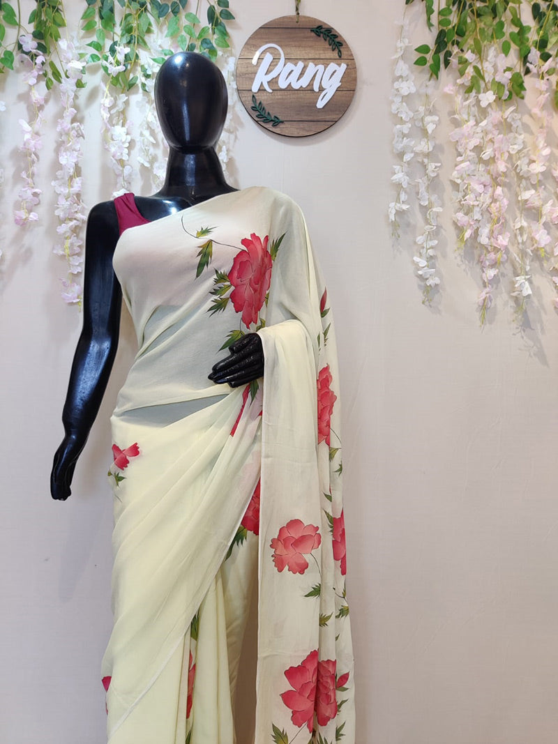 Hand-Painted Lime Green Georgette Saree