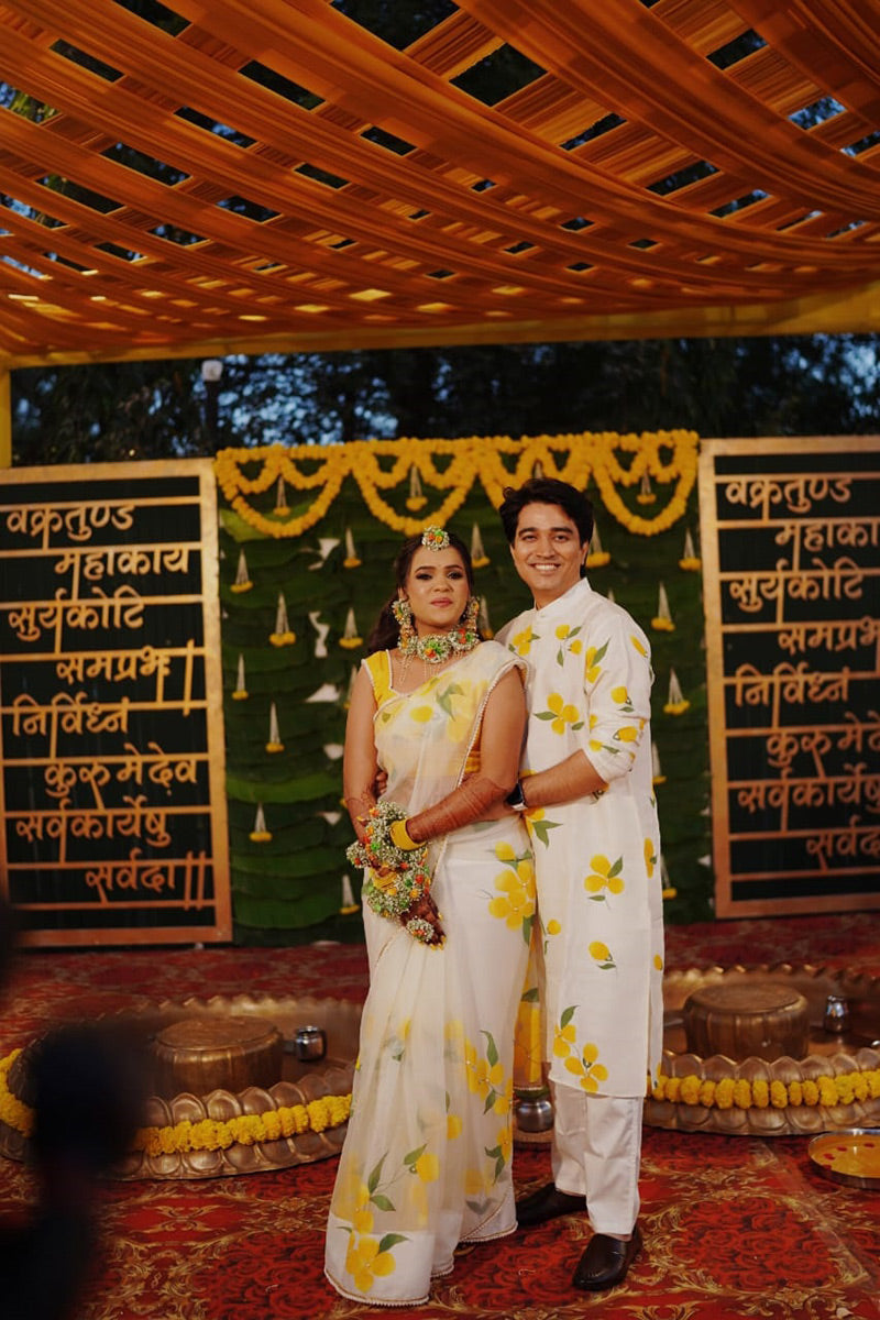 Matching Hand-Painted Silk Organza Floral Saree and Men's Kurta Set