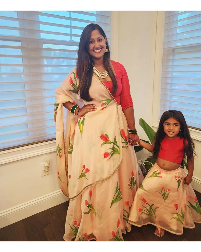 Matching Handpainted Tulip Silk Organza Lehenga for Mom and Daughter
