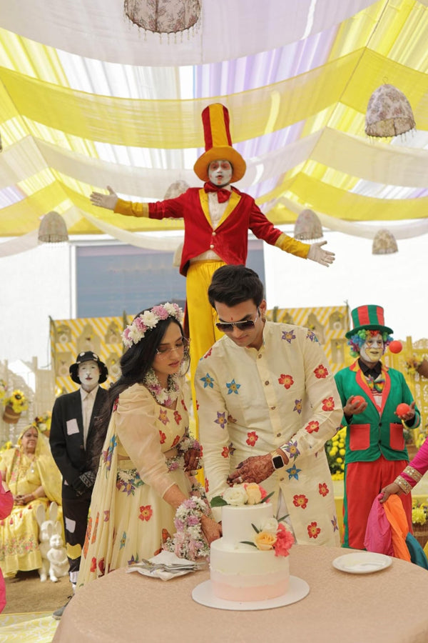 Matching Hand-painted Lehenga set and Handpainted men's kurta