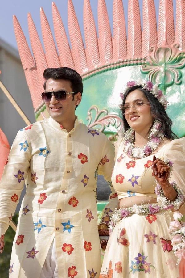 Matching Hand-painted Lehenga set and Handpainted men's kurta