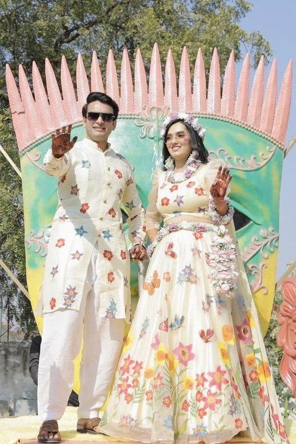 Matching Hand-painted Lehenga set and Handpainted men's kurta