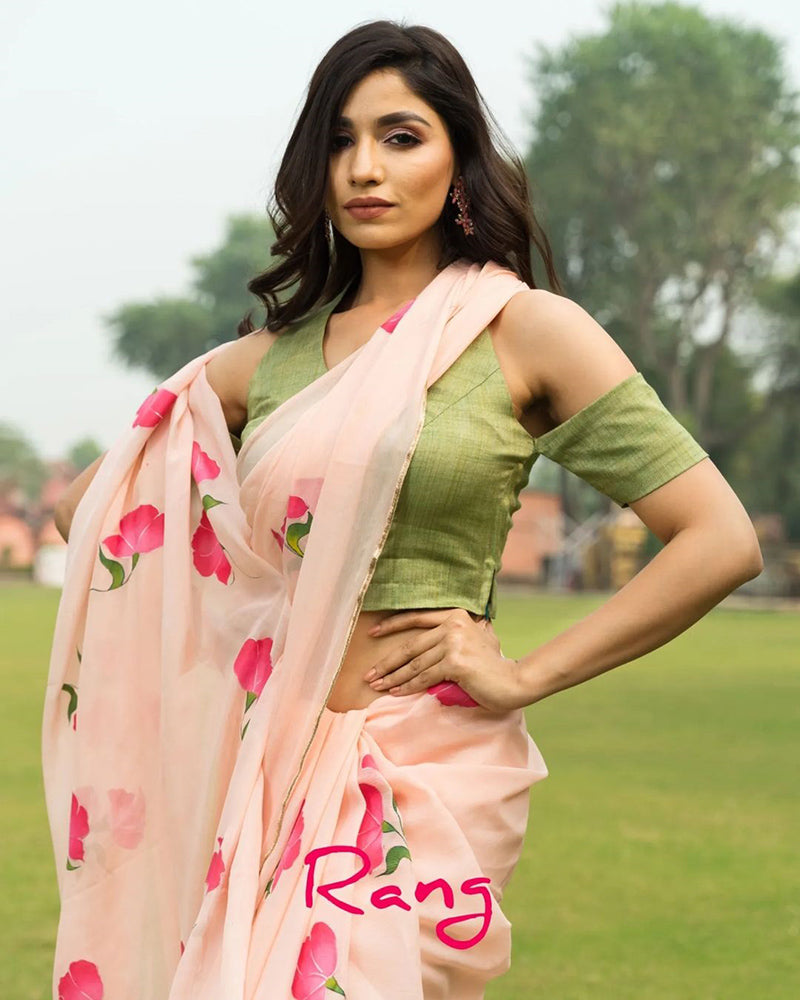 Hand-Painted Peach Floral Pure Chinon Chiffon Saree