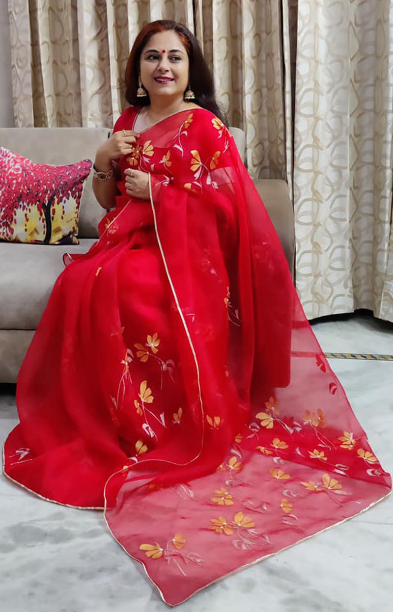 Hand-Painted Red Poppy Silk Organza Saree