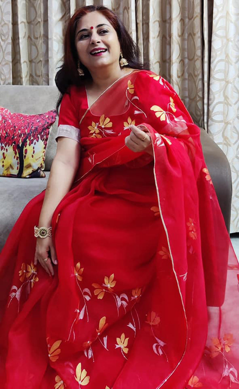 Hand-Painted Red Poppy Silk Organza Saree