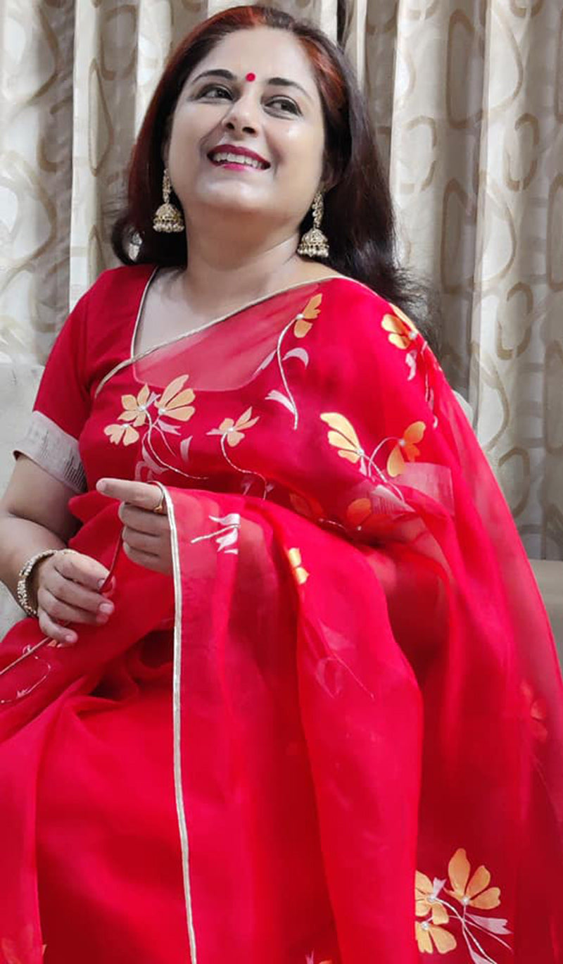 Hand-Painted Red Poppy Silk Organza Saree