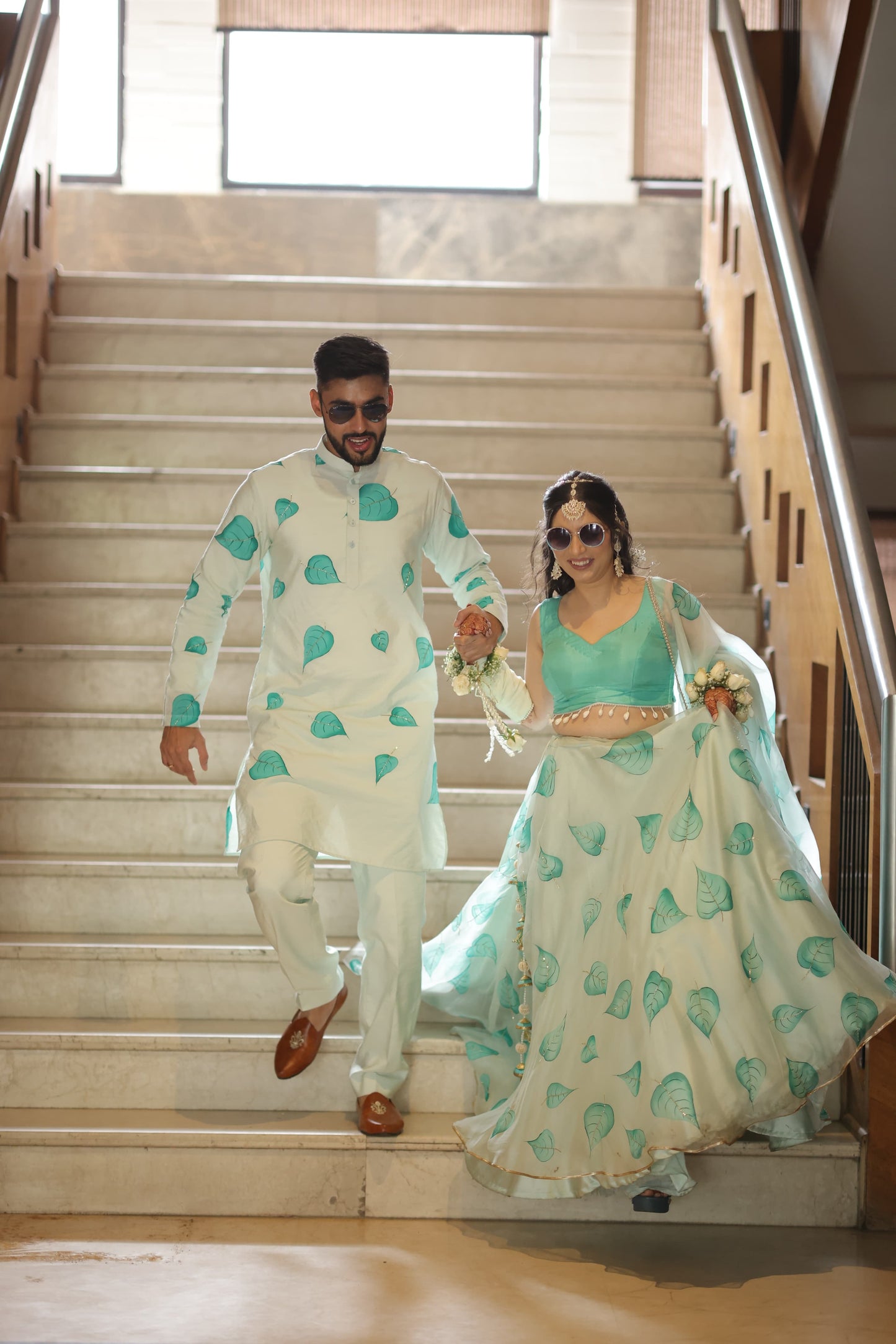 Matching Hand-Painted Pastel Green Lehenga and Kurta