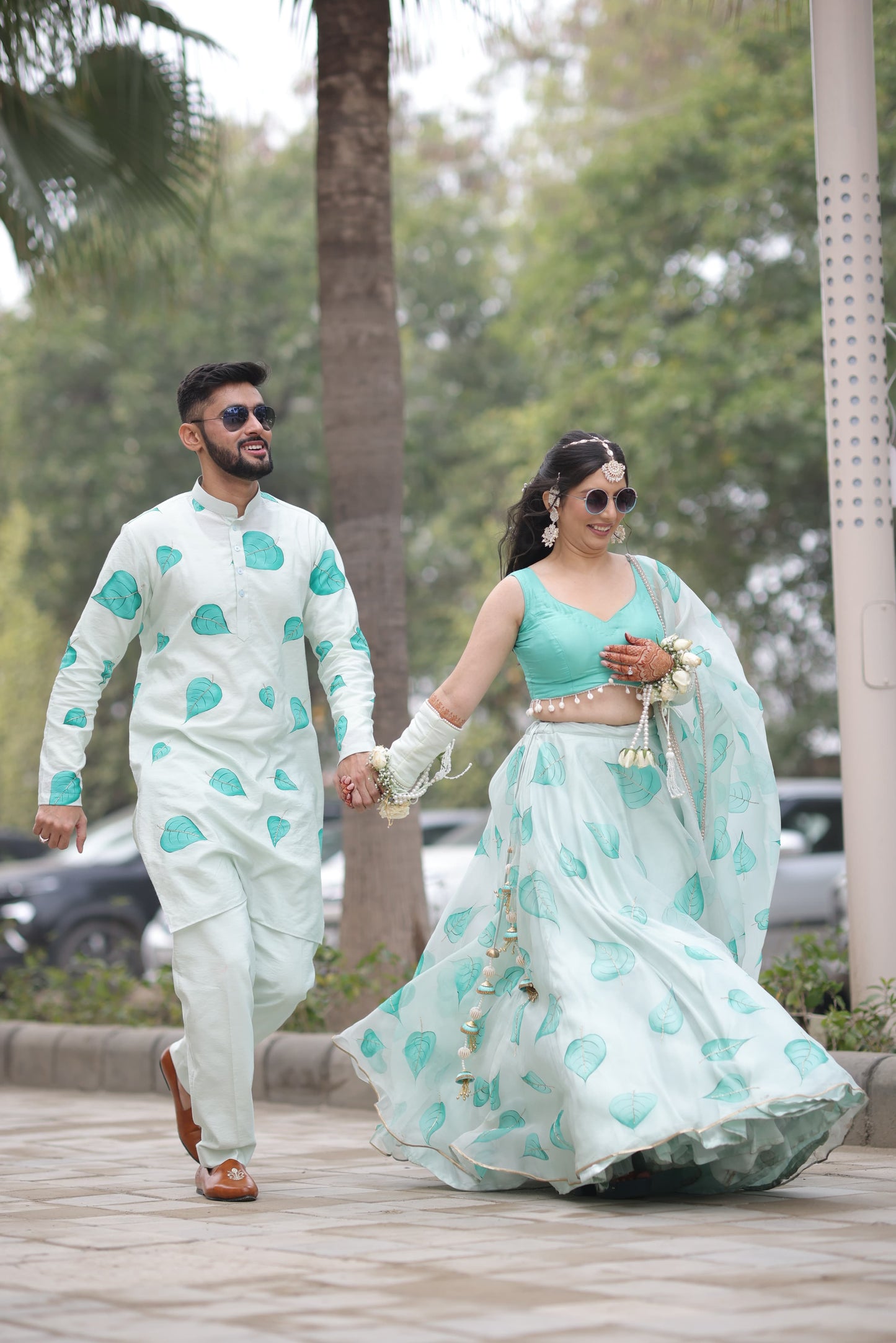 Matching Hand-Painted Pastel Green Lehenga and Kurta
