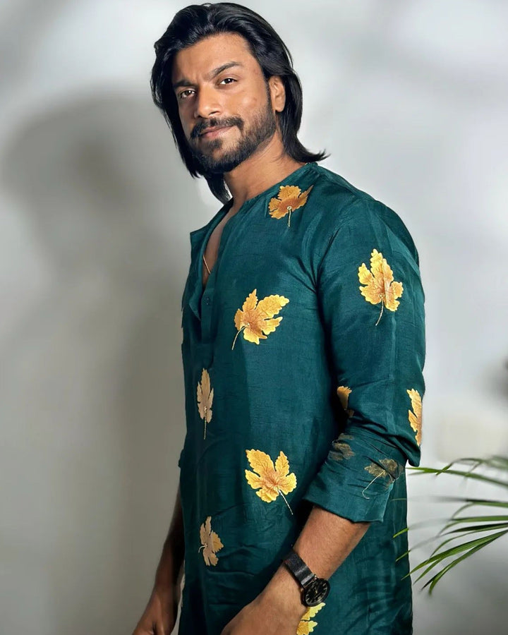 Rohit's Golden Maple Kurta- Hand Painted Bottle Green Cotton Silk Men's Kurta