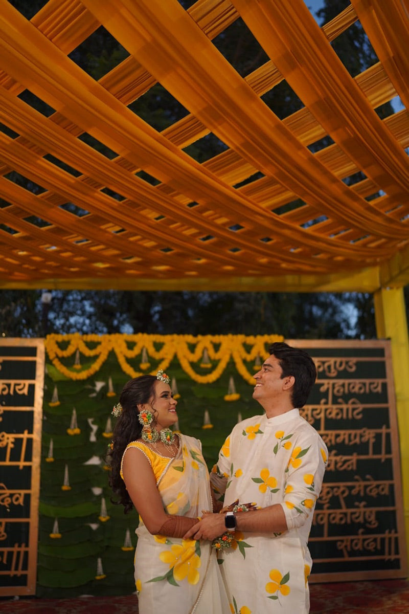 Matching Hand-Painted Silk Organza Floral Saree and Men's Kurta Set