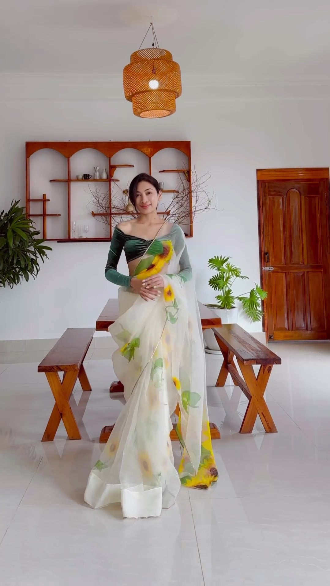 Hand-Painted Ivory Sunflower Silk Organza Saree