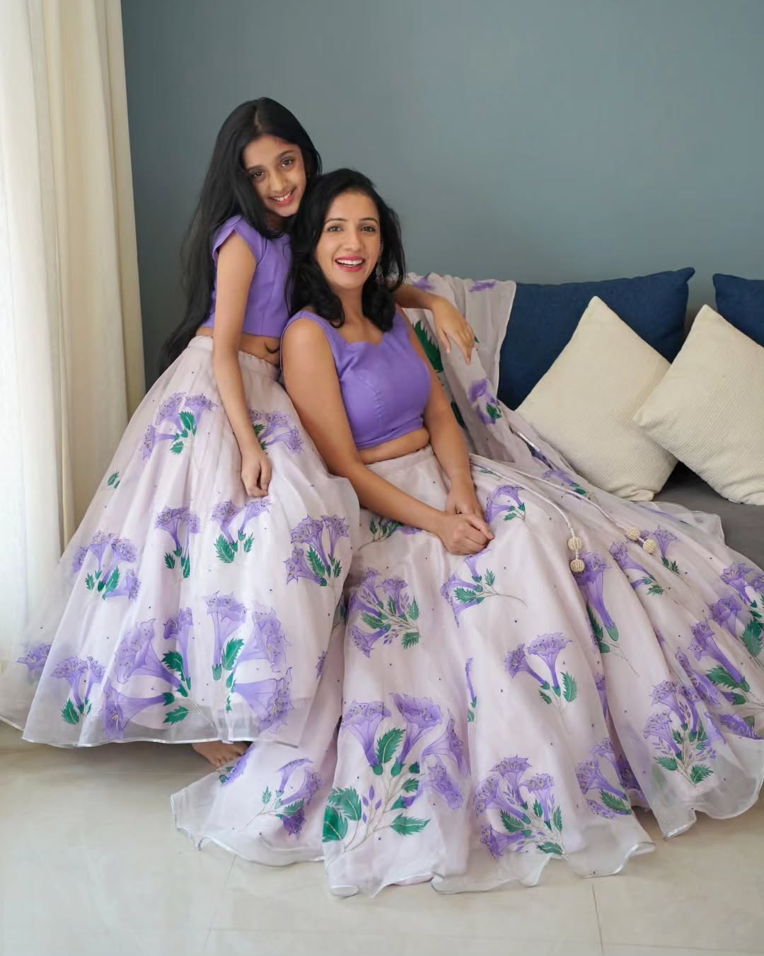 Nivi & Ishanvi's Lilac Bell Flower Twinning Lehengas Set