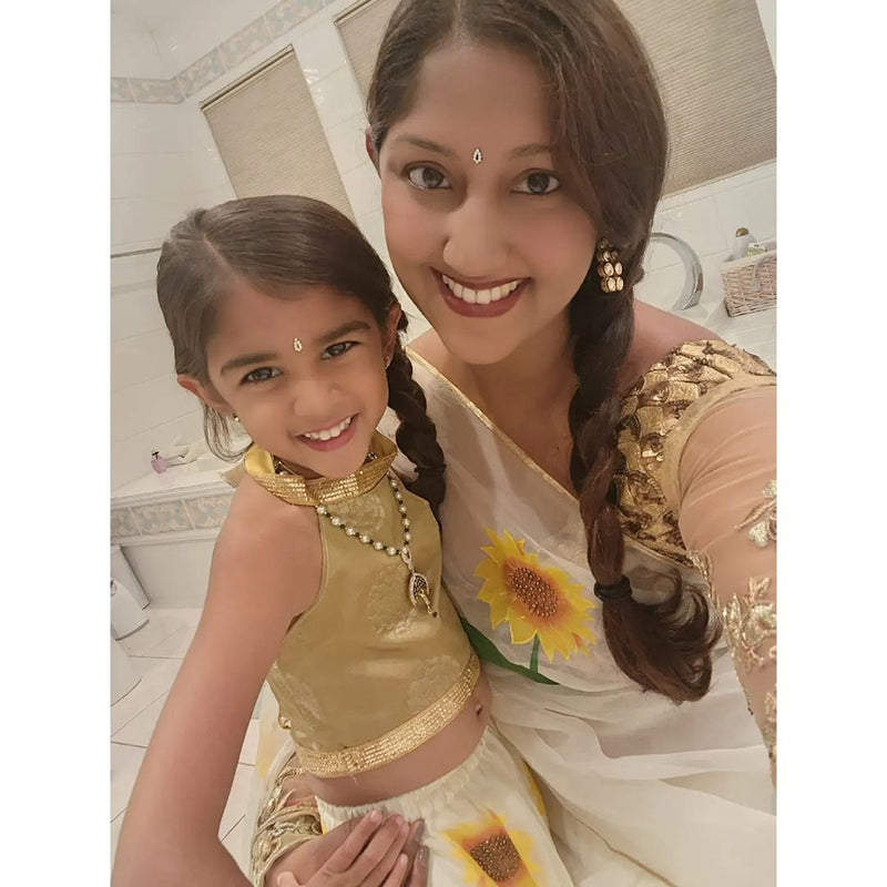Matching Hand-Painted Sunflower Organza Saree and Lehenga Set for Mom and Daughter