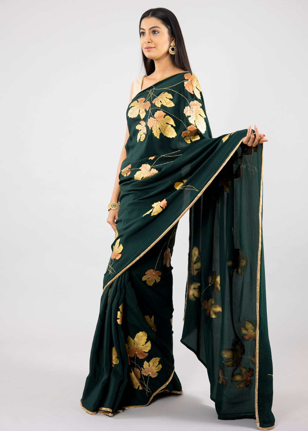 Hand-Painted and Hand-Embroidered Bottle Green Pure Crepe Silk Golden Maple Saree