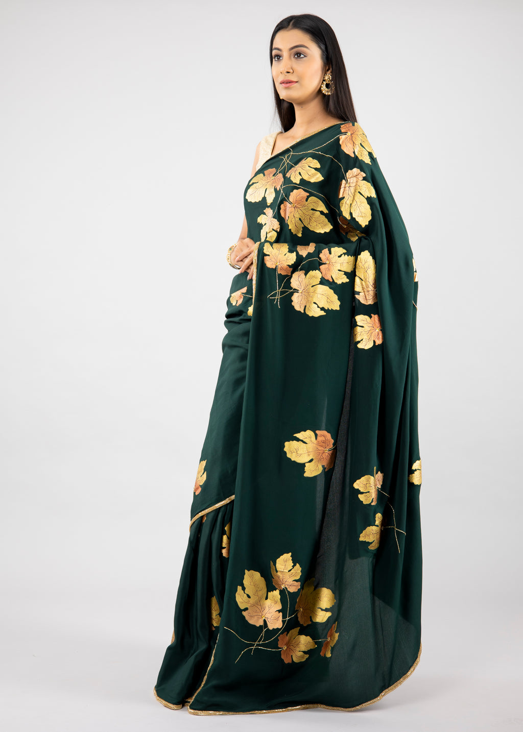 Hand-Painted and Hand-Embroidered Bottle Green Pure Crepe Silk Golden Maple Saree