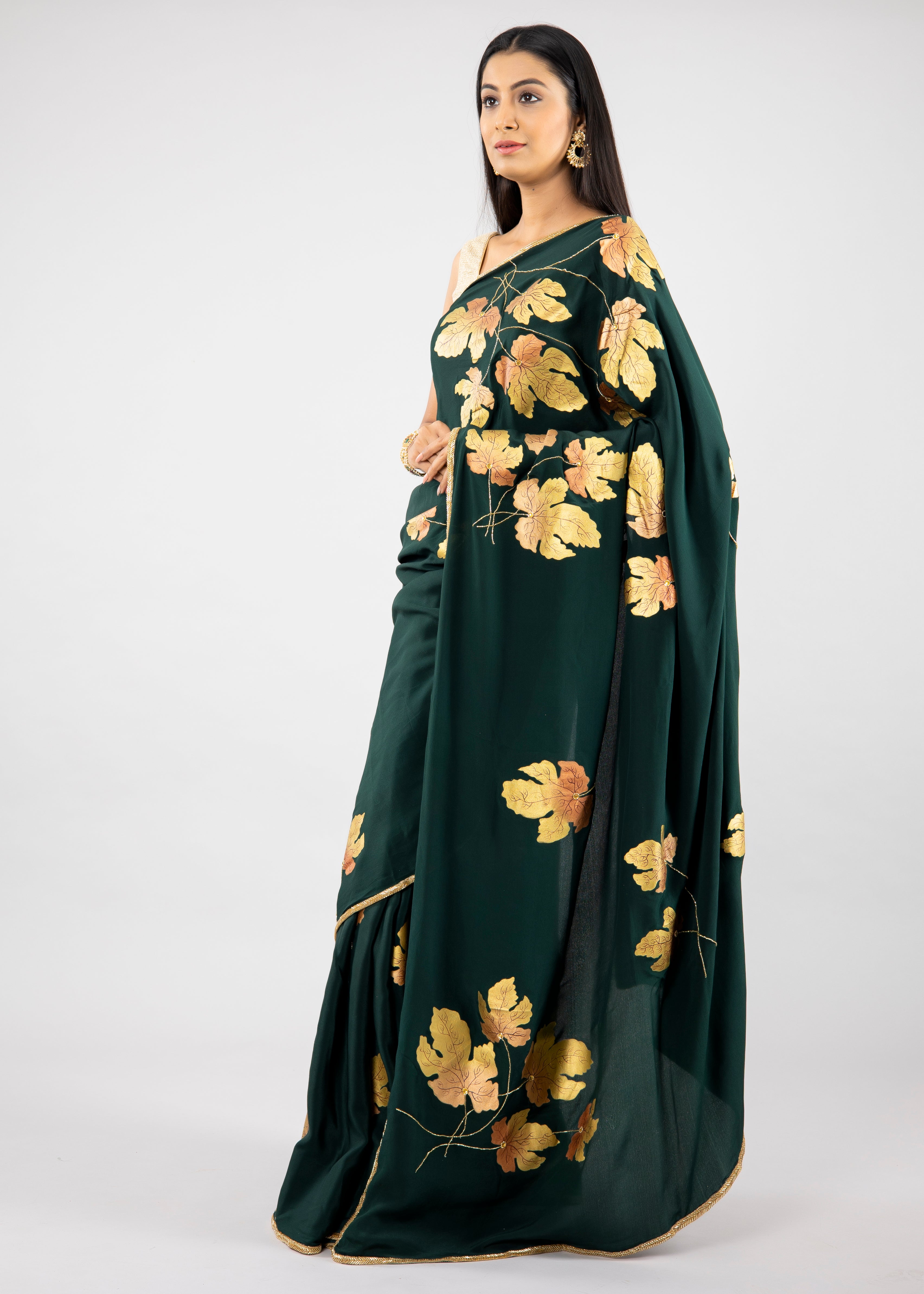 Hand-Painted and Hand-Embroidered Bottle Green Pure Crepe Silk Golden Maple Saree