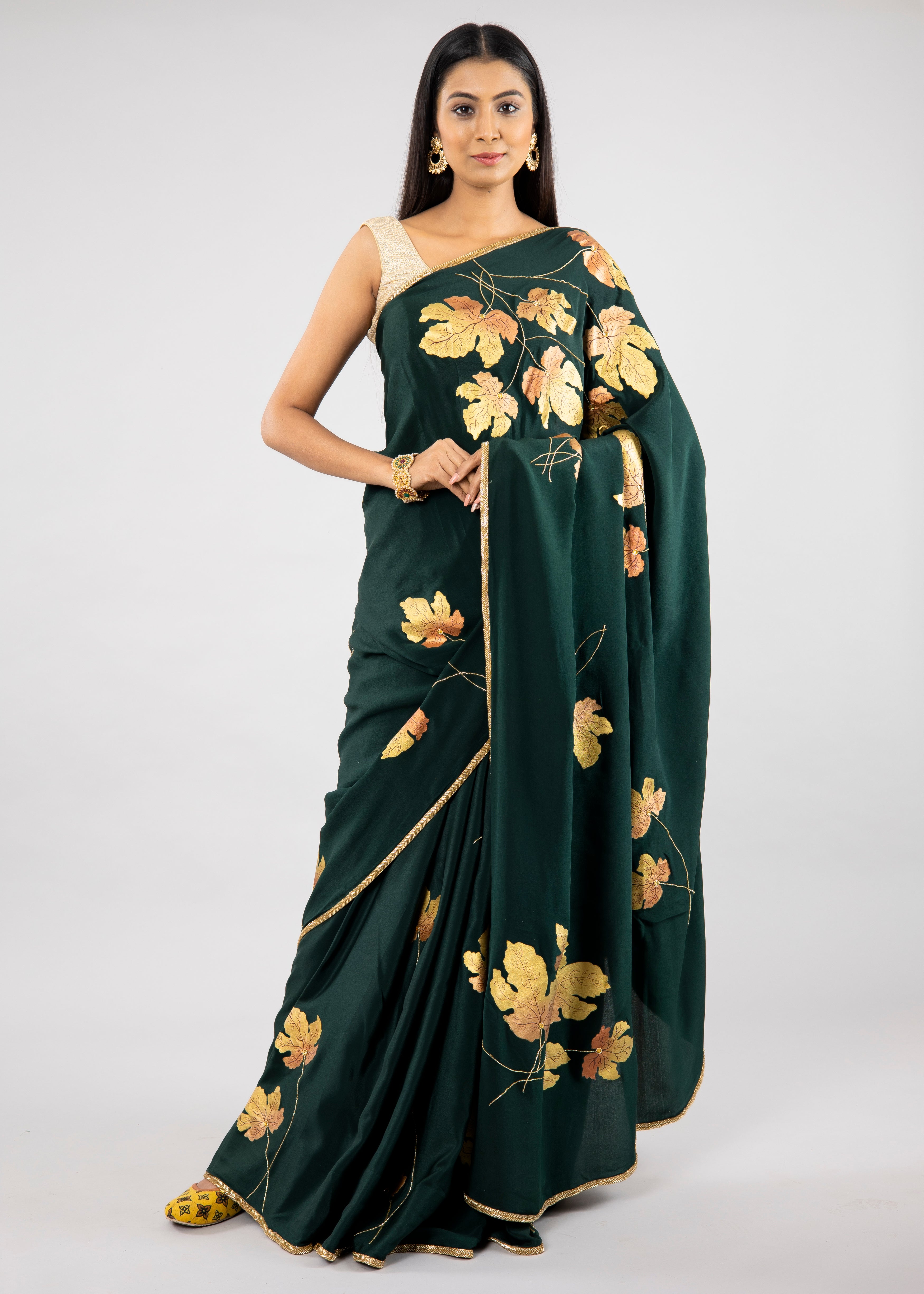 Hand-Painted and Hand-Embroidered Bottle Green Pure Crepe Silk Golden Maple Saree