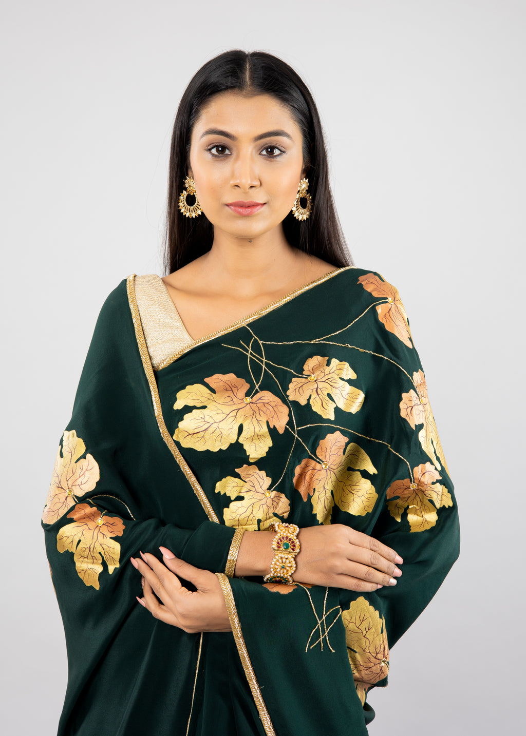 Hand-Painted and Hand-Embroidered Bottle Green Pure Crepe Silk Golden Maple Saree
