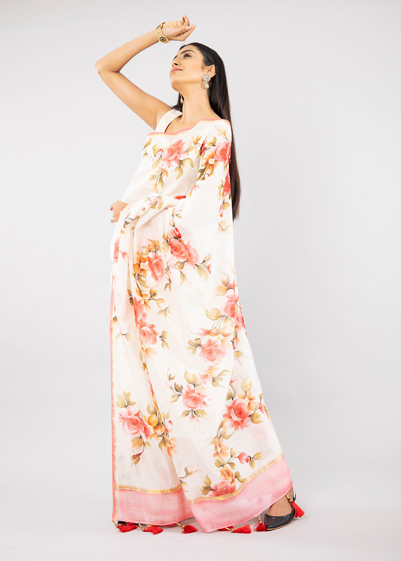 White Hand-Painted Chanderi Silk Saree with Tassel Pallu