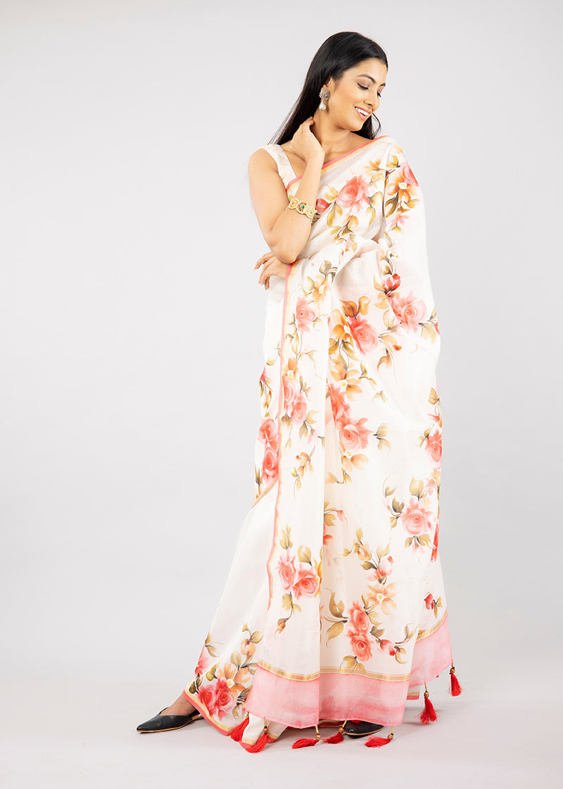 White Hand-Painted Chanderi Silk Saree with Tassel Pallu