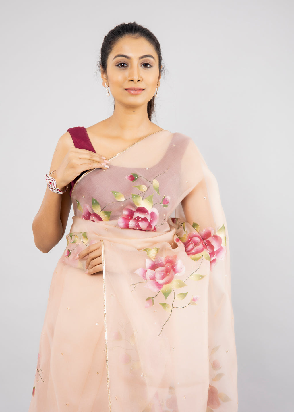 Rose Gold Hand-Embroidered Silk Organza Saree