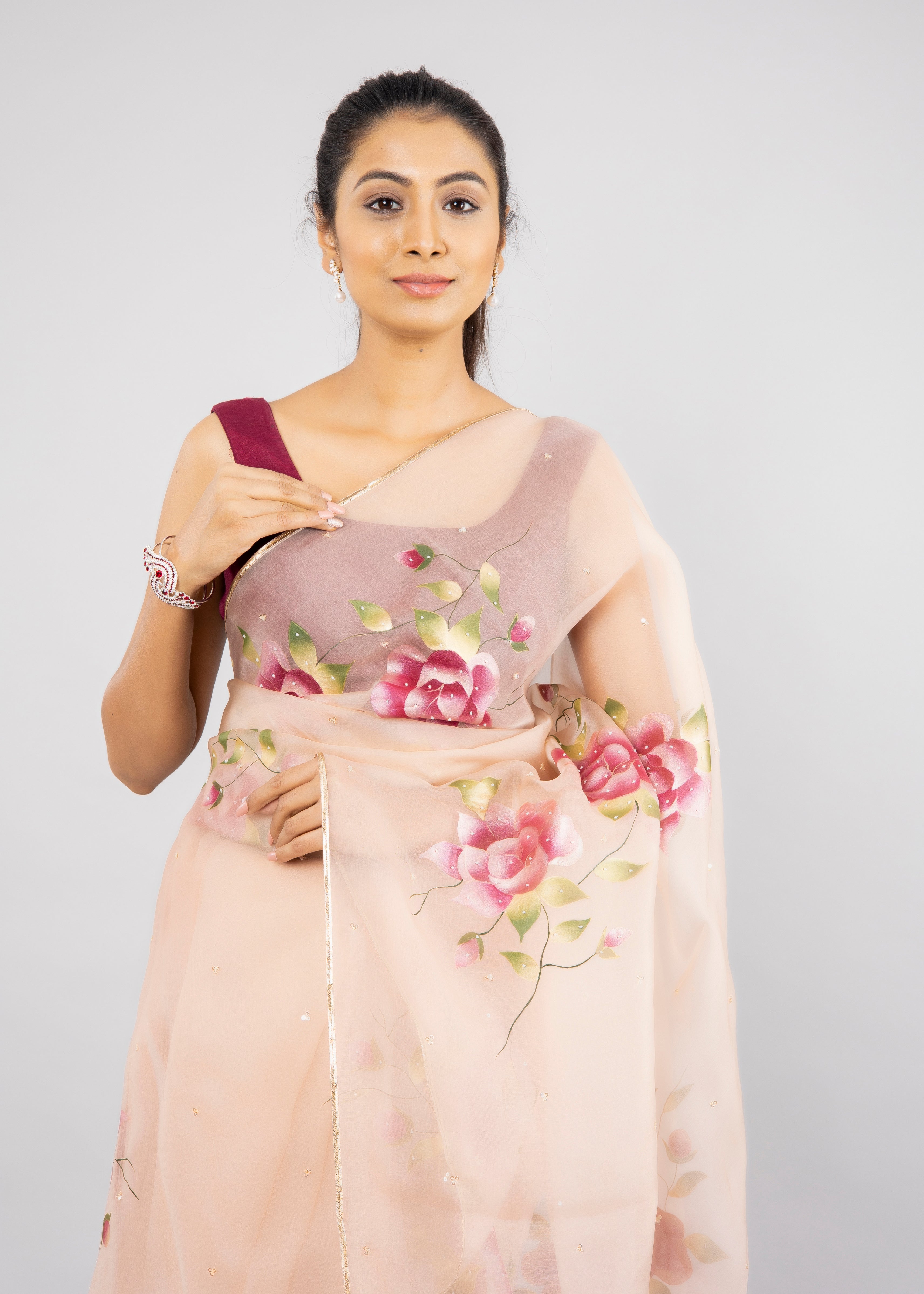 Rose Gold Hand-Embroidered Silk Organza Saree