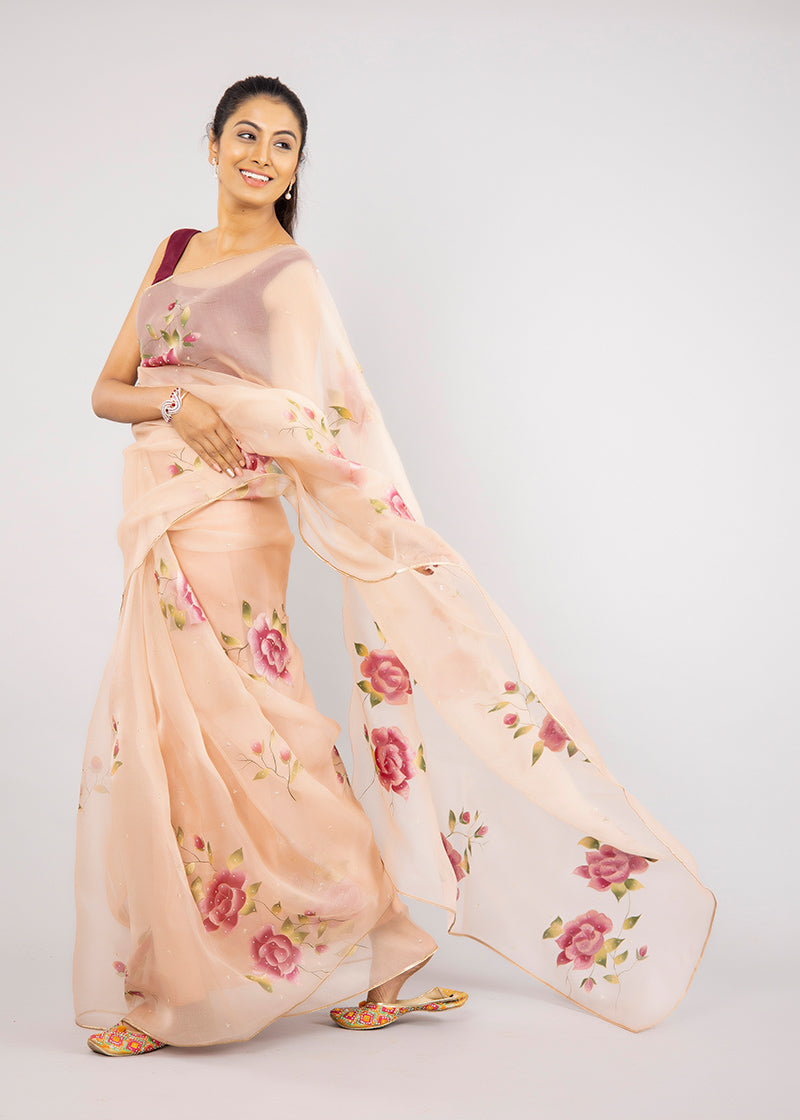 Rose Gold Hand-Embroidered Silk Organza Saree